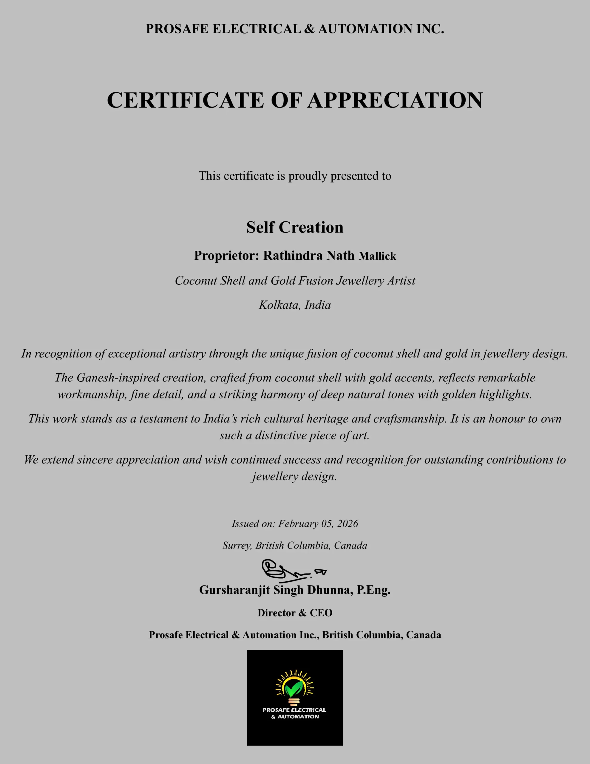 Coconut Shells Jewelry Certificate of appreciation